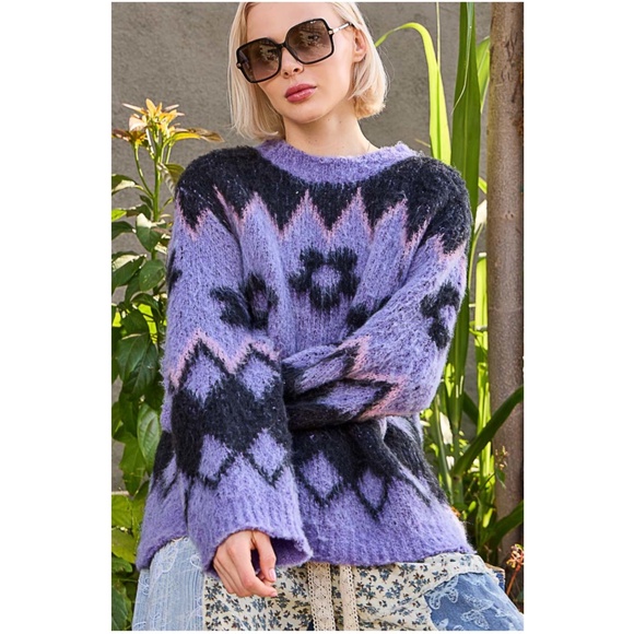 POL Purple Fuzzy Round Neck Floral Print Loose Fit Sweater top - Picture 2 of 7